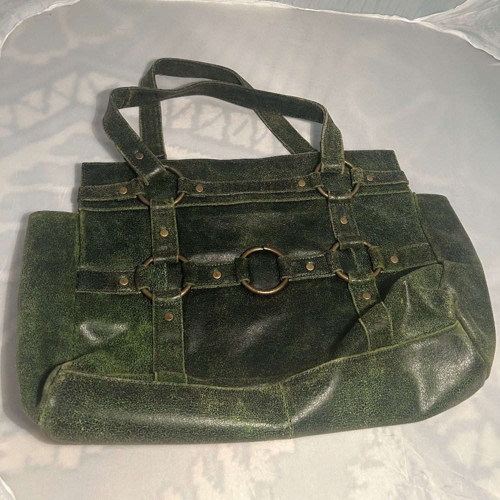 Distressed Jasmine by Cindy Newman Army Green Handbag w/Buckle detail 12" x 15"